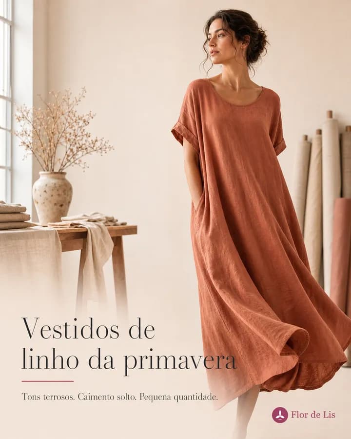 Arte de post de moda: mulher com vestido de linho terracota, com o título Vestidos de linho da primavera